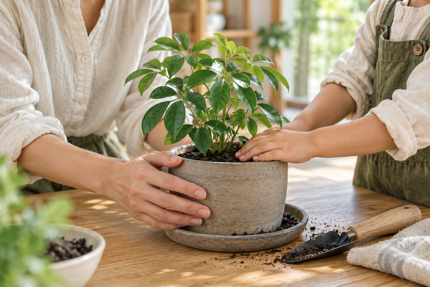 お母さんと子どもが、家の窓辺で一緒に植物のお手入れを楽しんでいるイラスト